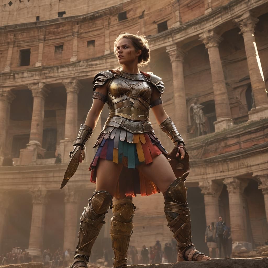Woman in Rainbow Gladiatorial Armor in Roman Colosseum