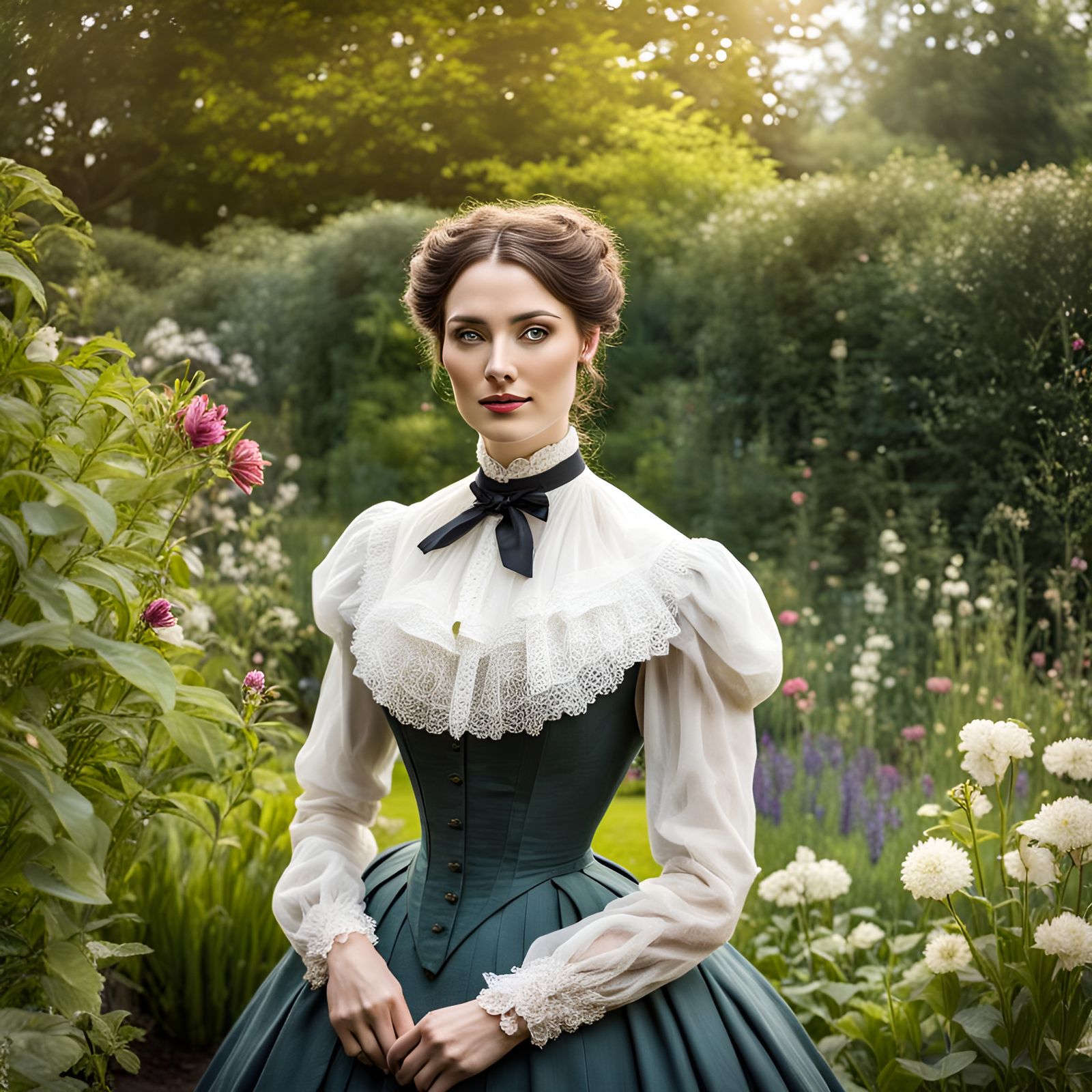 Victorian Woman in Garden, Half-Body Portrait