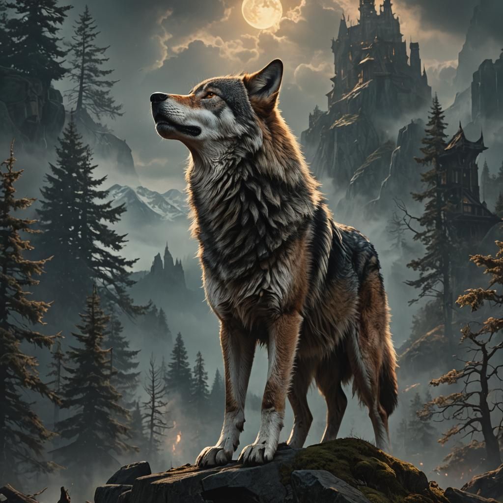 Epic Howling Wolf in Dramatic Digital Painting