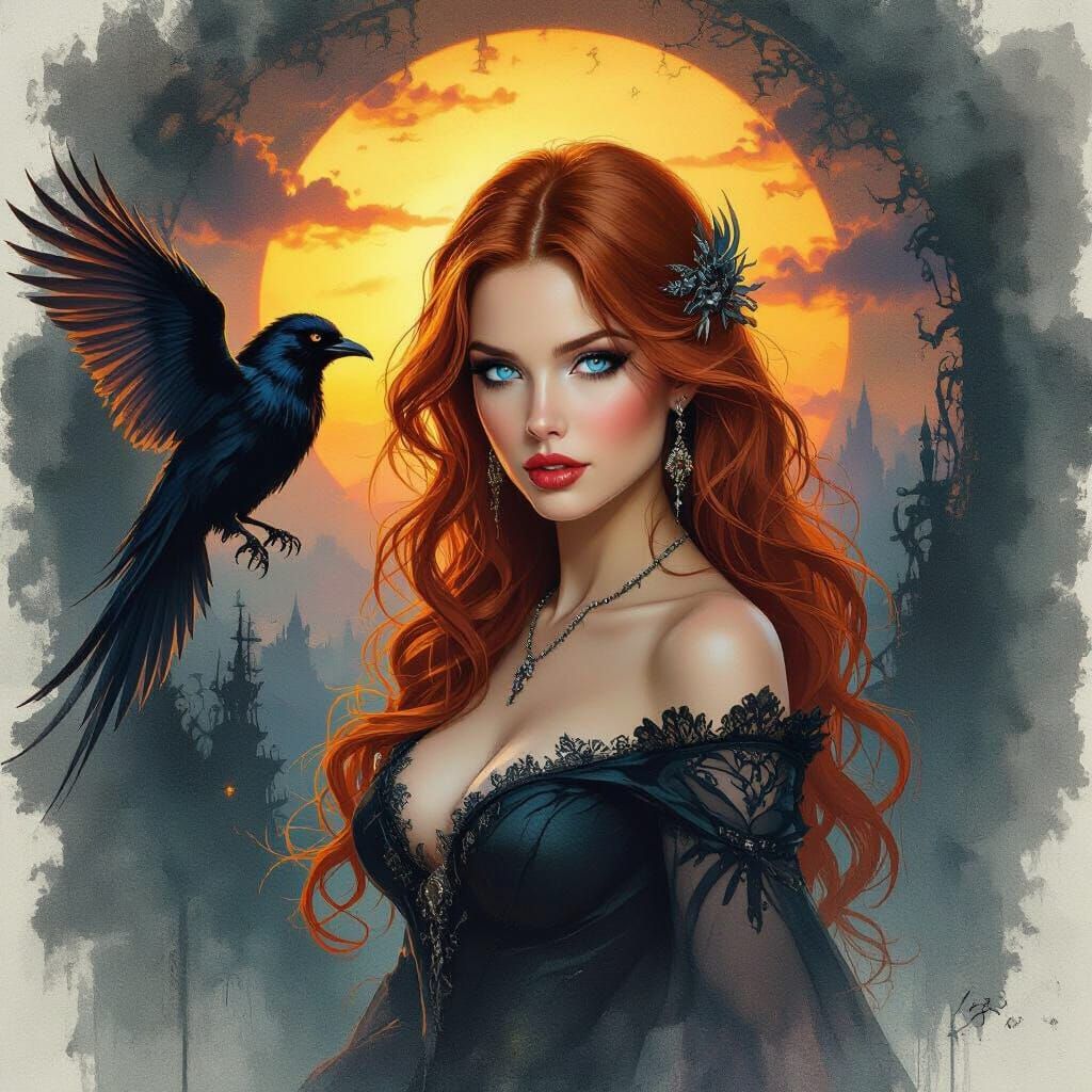 Auburn Temptress with Demonic Bird: Watercolour Art