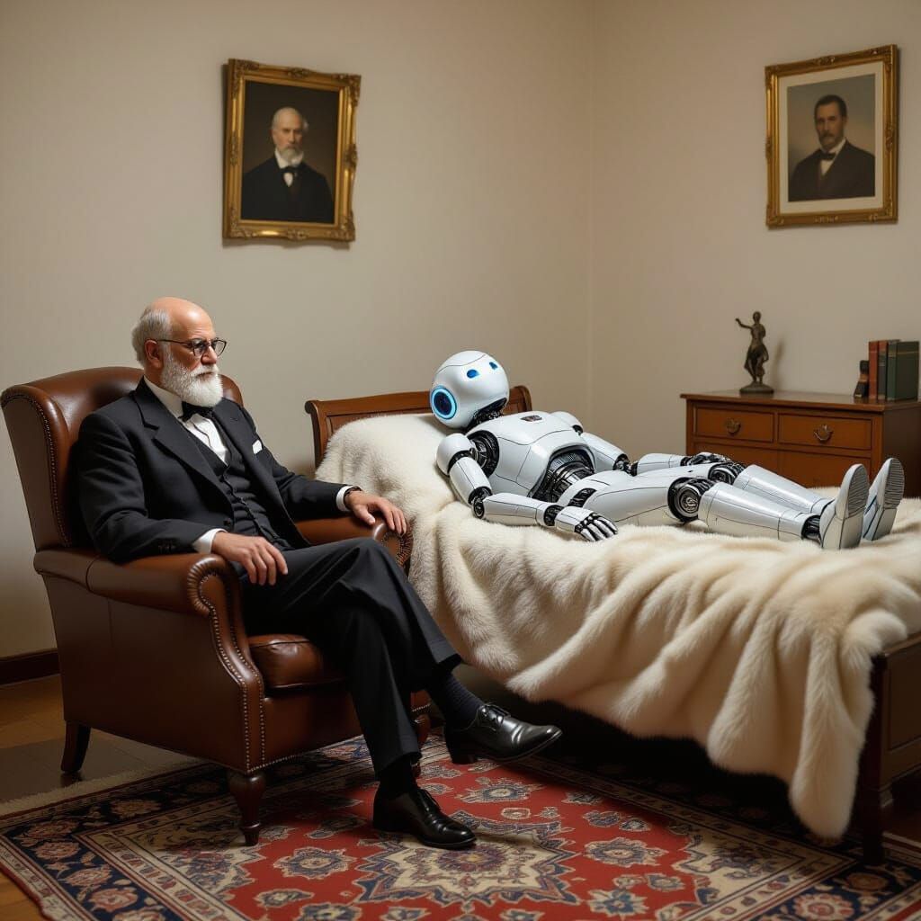 Freud's 1920s Office with Futuristic Robot Patient