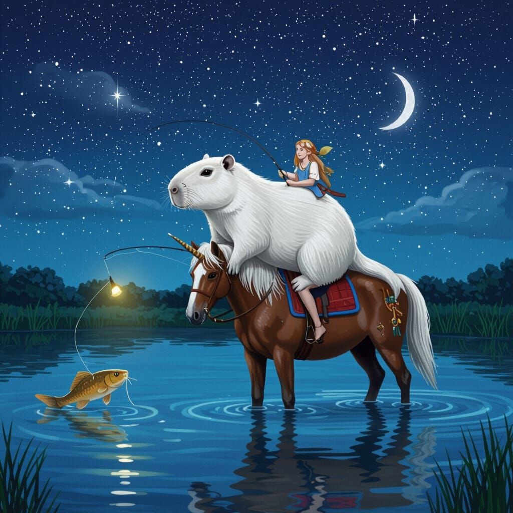 Albino Capybara Fishing on Centauride at Night