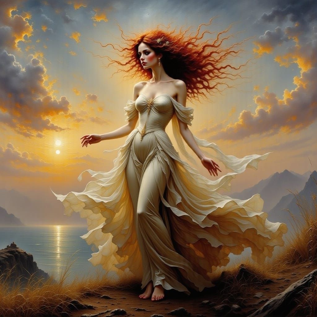 Redheaded Woman in Flowing Gown on Windy Evening
