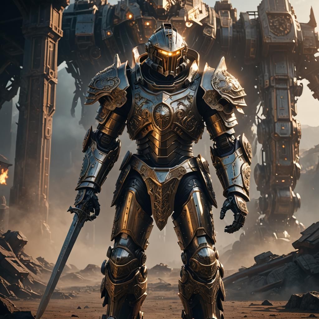Epic Sci-Fi Knight in Ornate Armor, Golden Hour Lighting