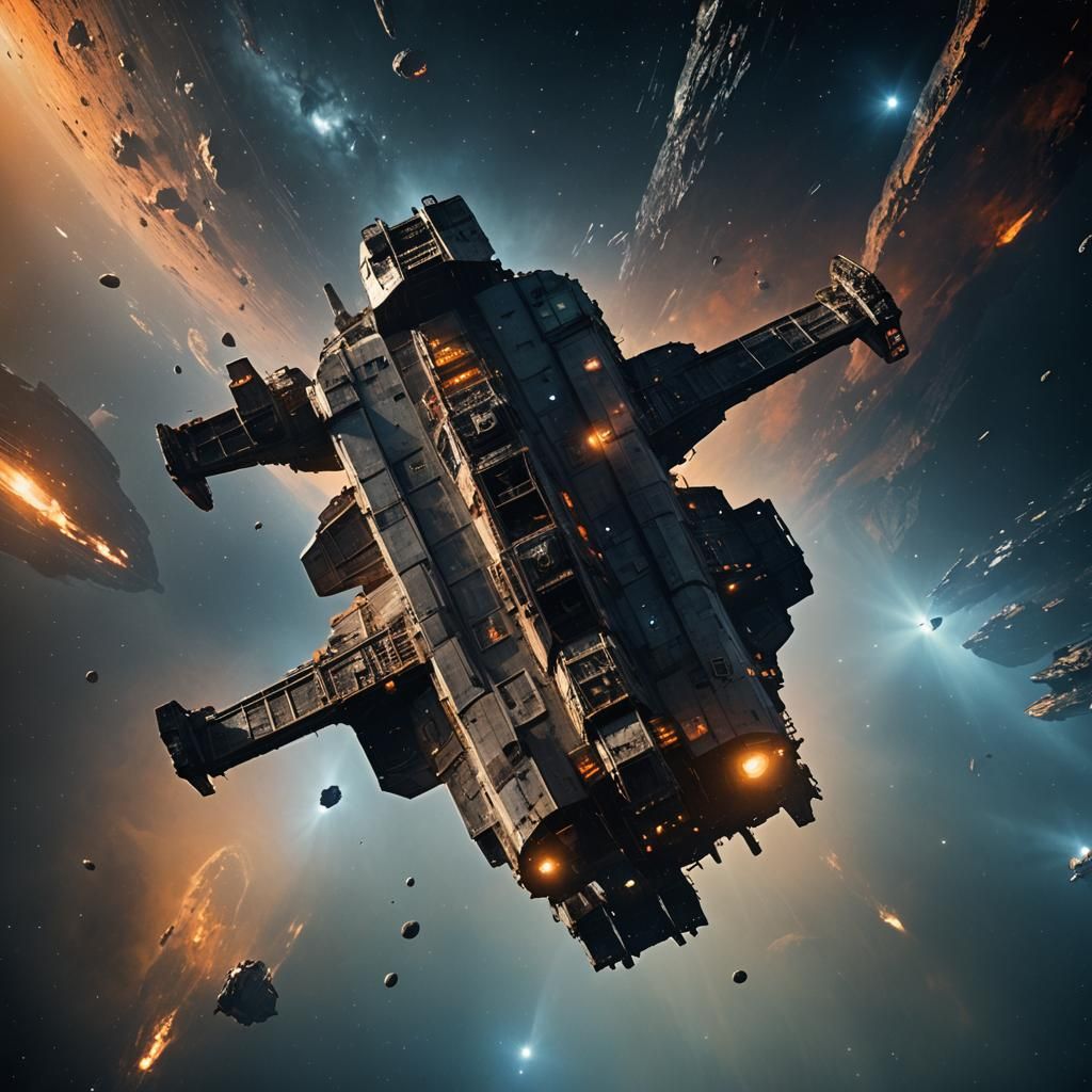 Cinematic Civilian Cargo Starship in Deep Space