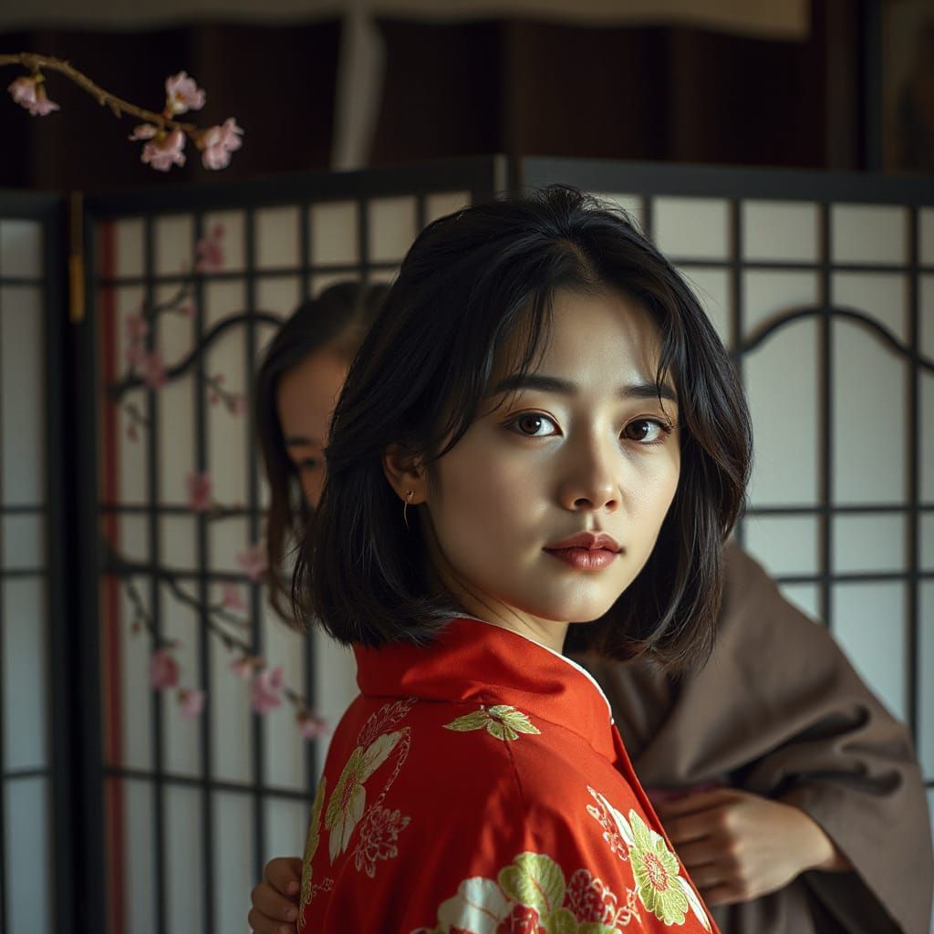 Two Japanese Women in Kimonos with Cherry Blossom Screen