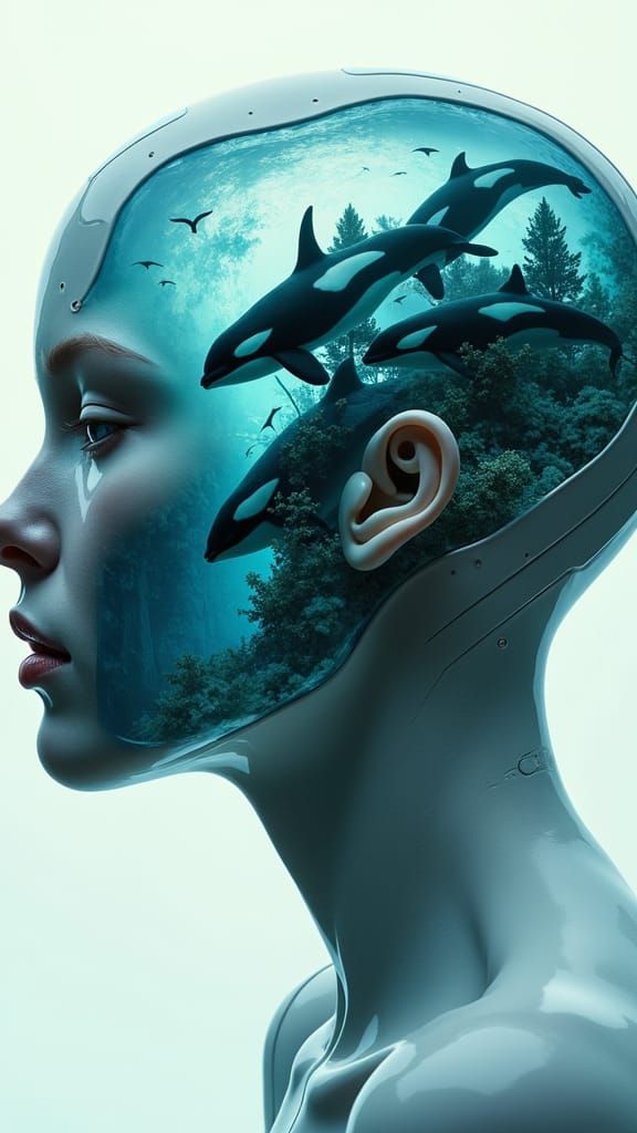 Cyberpunk Humanoid with Ocean Mindscape