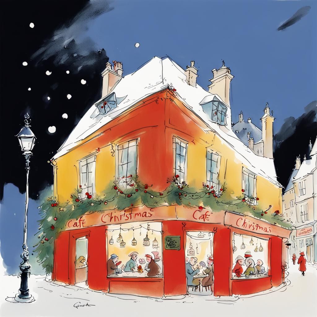 Charming Christmas Cafe in Quentin Blake Style