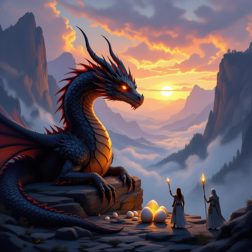 Emberheart Dragon Rests in Misty Valley with Elves