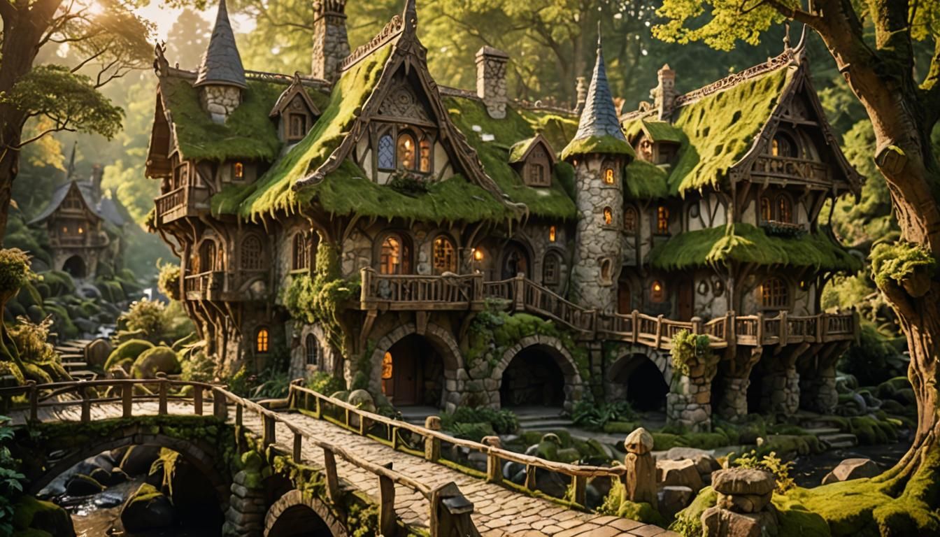 Elven Cottage with Stone Balconies in Golden Light