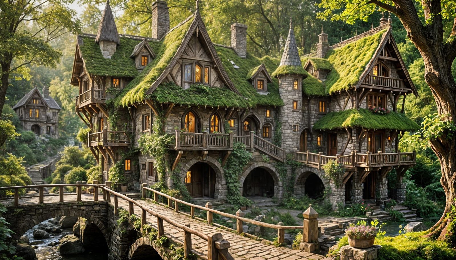 Elven Cottage with Stone Balconies in Golden Light