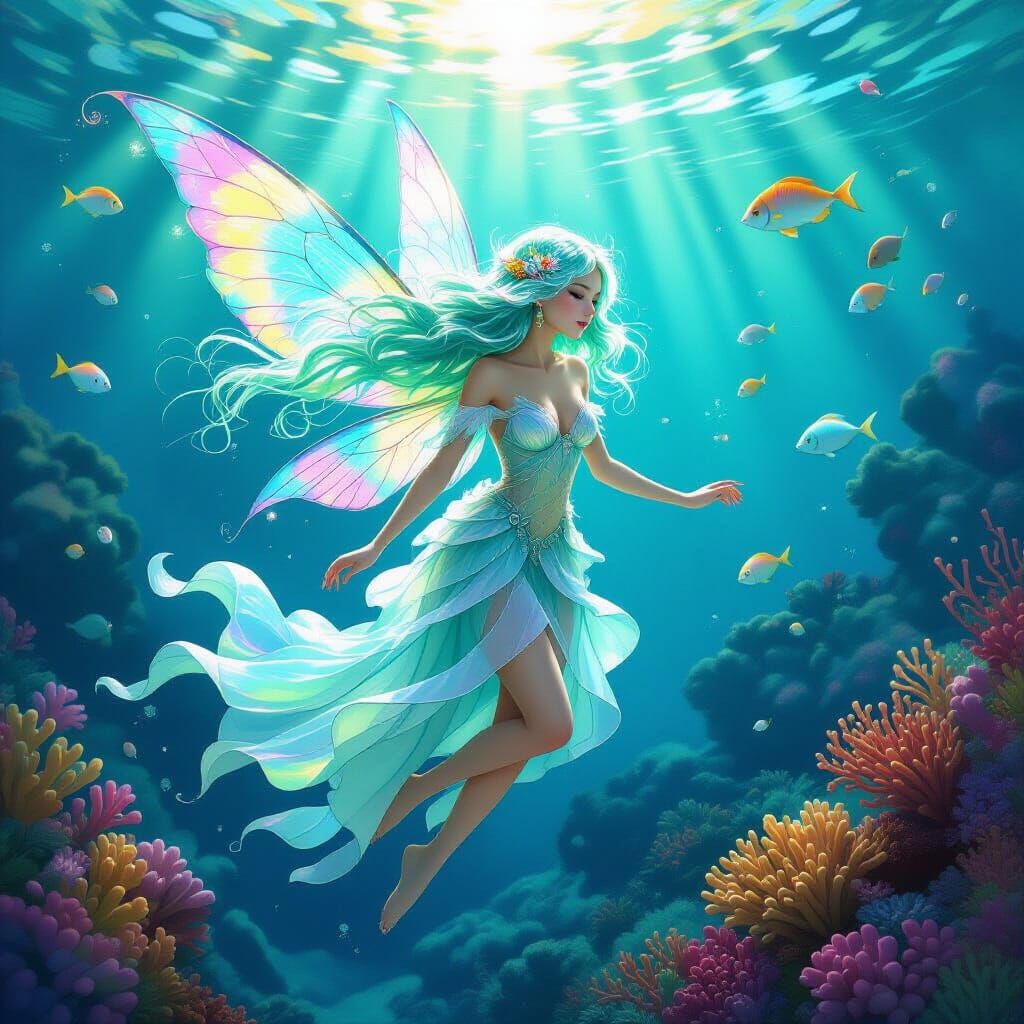 Iridescent Fairy Nurturing Coral Reefs in Impressionistic St...