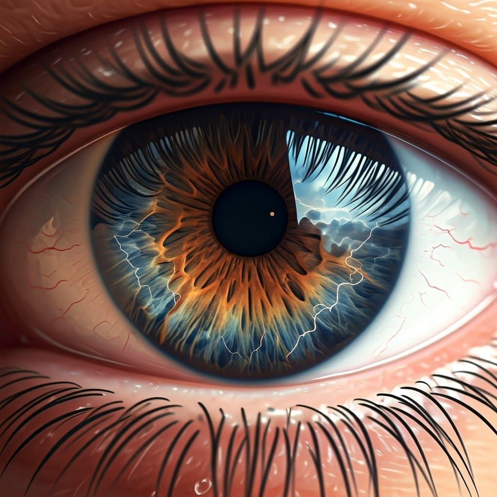 Hyperrealistic Eye Reflecting a Stormy Landscape