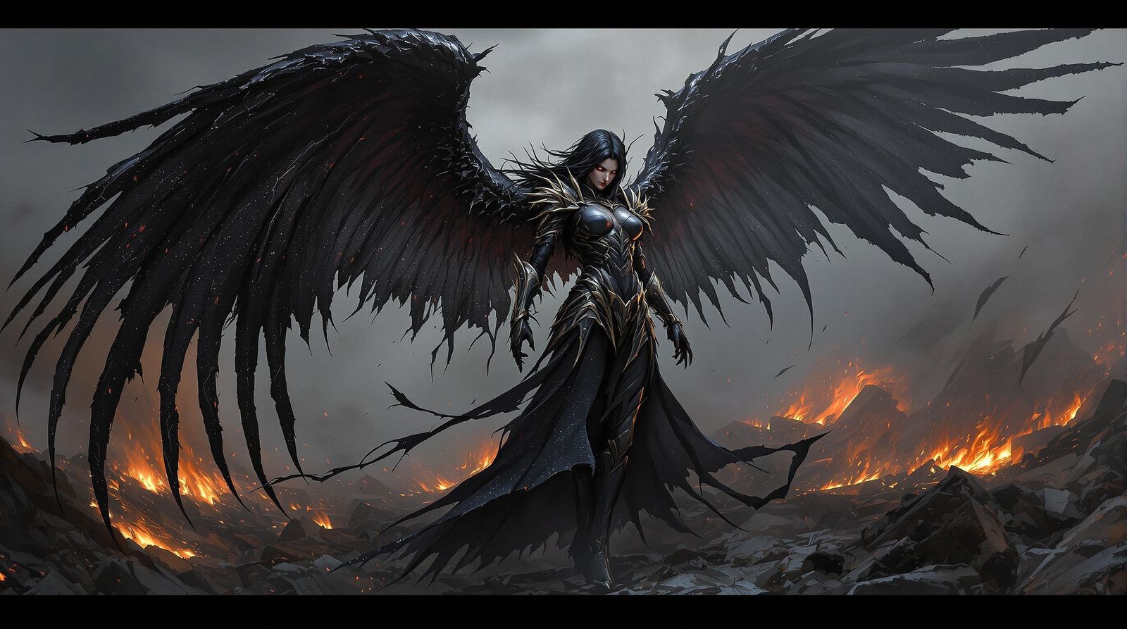 Dark Fantasy Angel Warrior Defies the Ruins of War