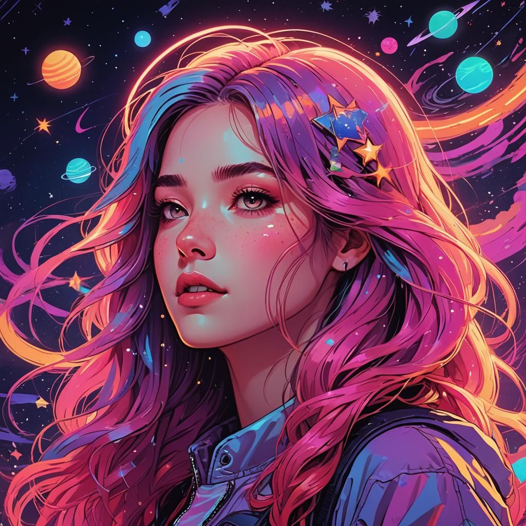 Cosmic Dreamscape: Ethereal Girl in Synthwave Style