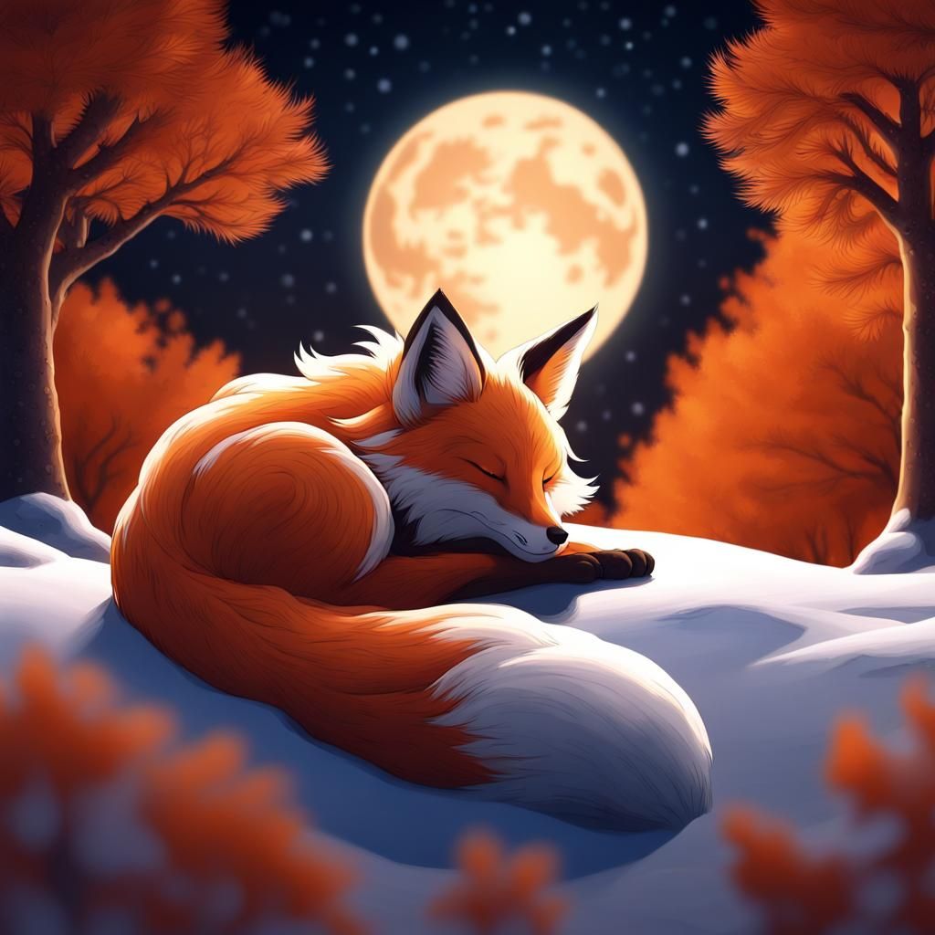 Nine-Tailed Fox Sleeping Under Moonlight