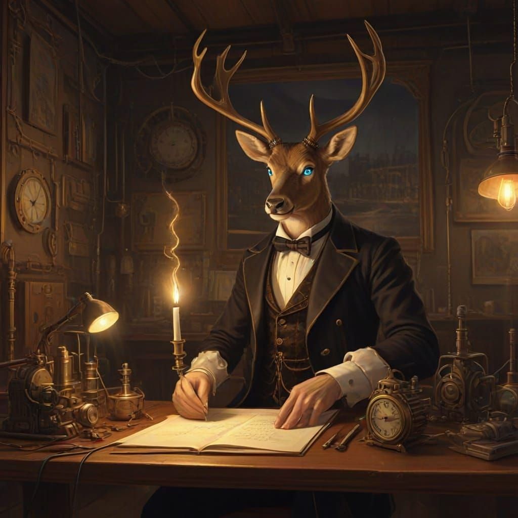 Steampunk Stag Inventor Works on Tesla Coil in Ghibli-Inspir...