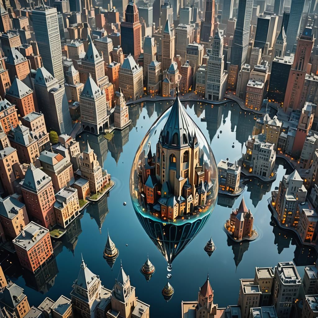 Surreal City in Water Drop, Macro Photography
