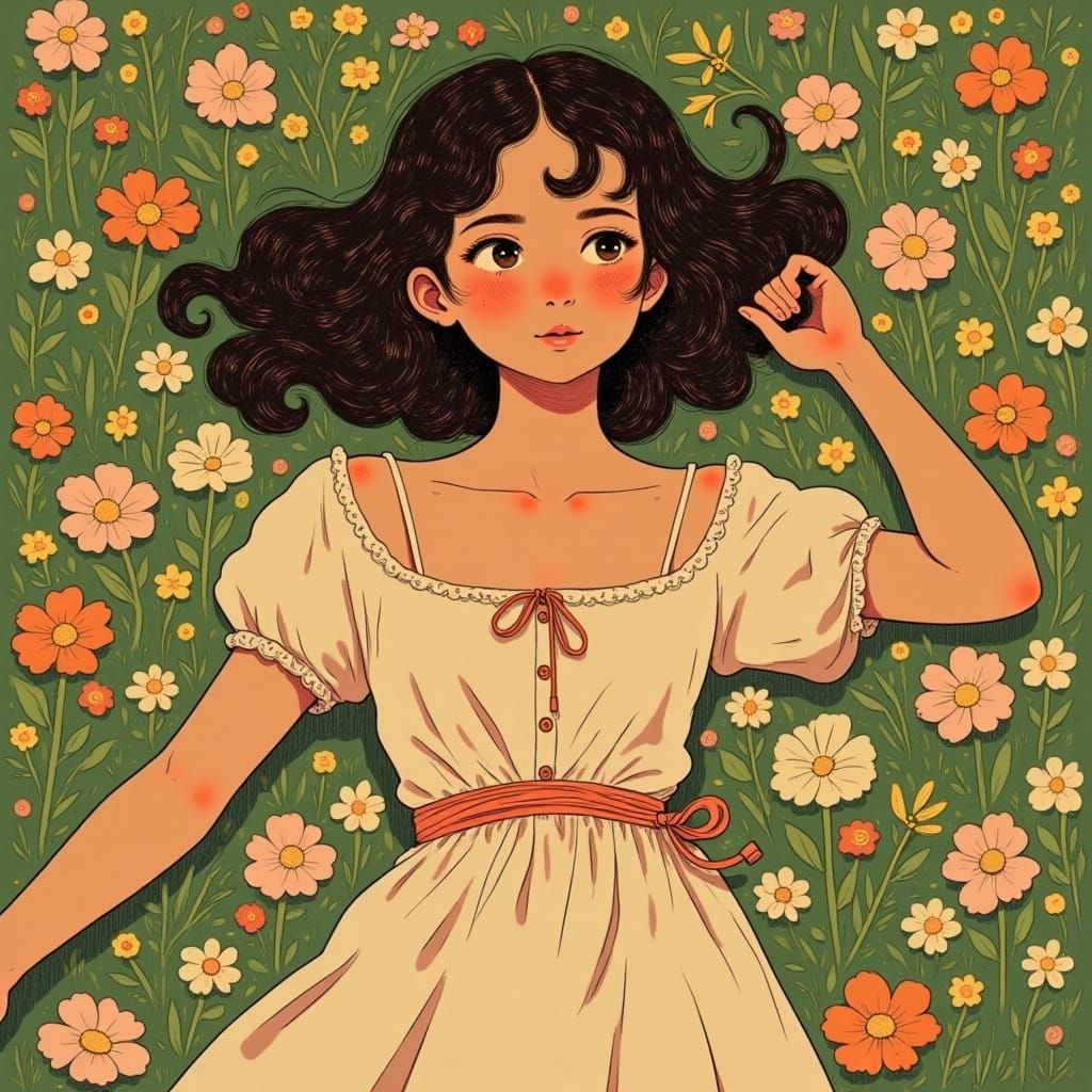 Brunette Woman in Floral Meadow, Art Nouveau Style