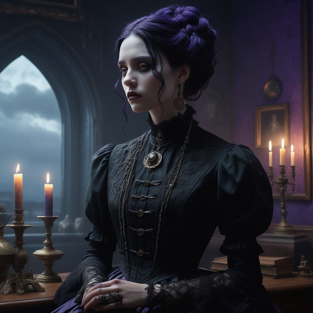 Gothic Woman in Victorian Attire with Mystical Longing