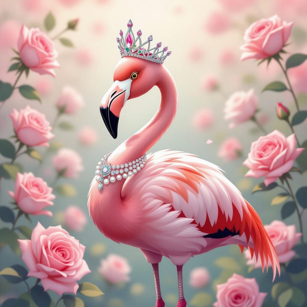 Elegant Flamingo in Tiara Among Roses, Watercolor Style