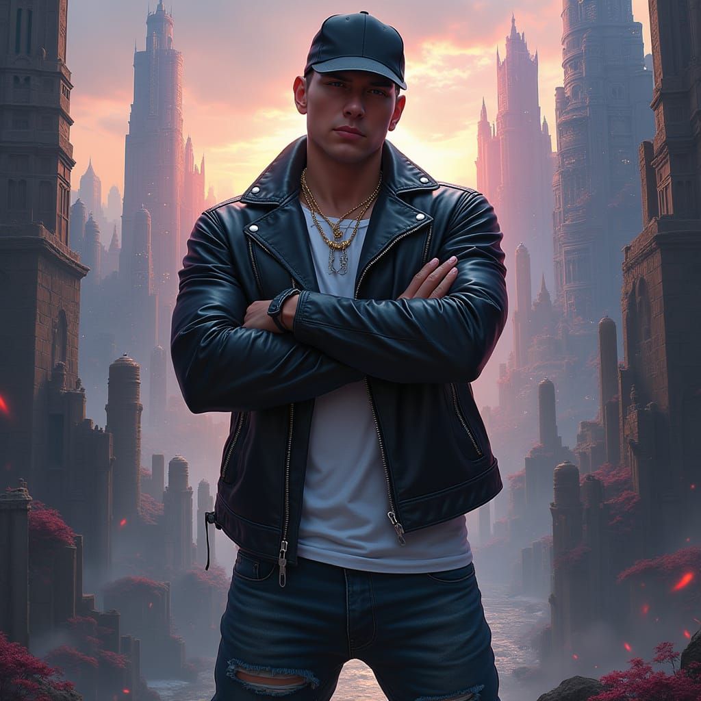 Muscular Eminem Stands Heroically in a Futuristic Metropolis