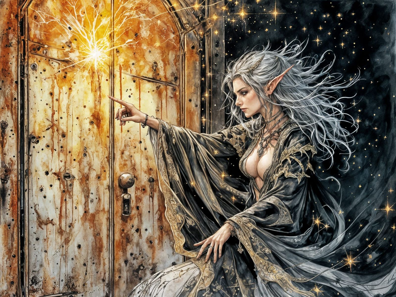 Elven Druid Confronts Ancient Metal Door in Whimsical Ink St...