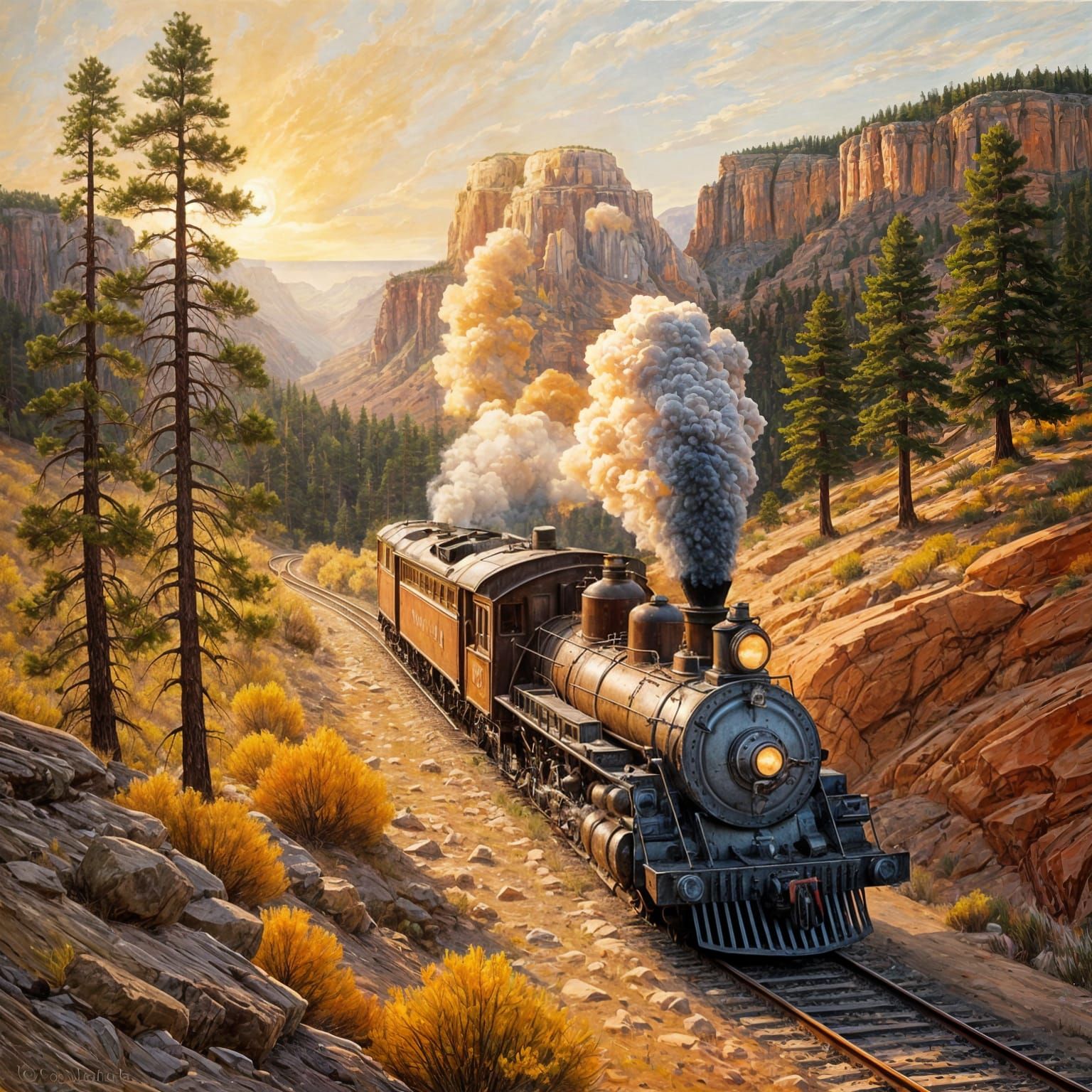 Vintage Steam Locomotive Winding Through Grand Canyon Pines