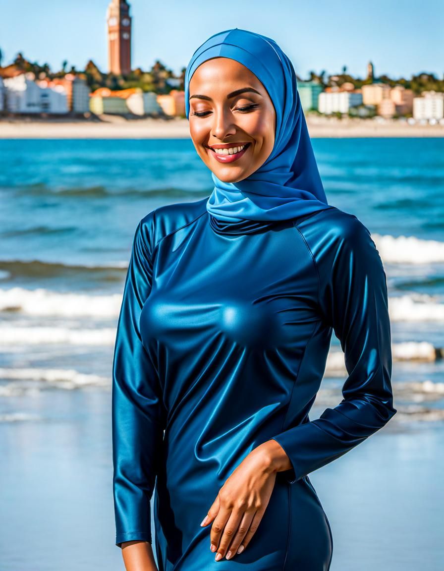 Smiling Hijabi Woman at Beach, Realistic Oil Painting