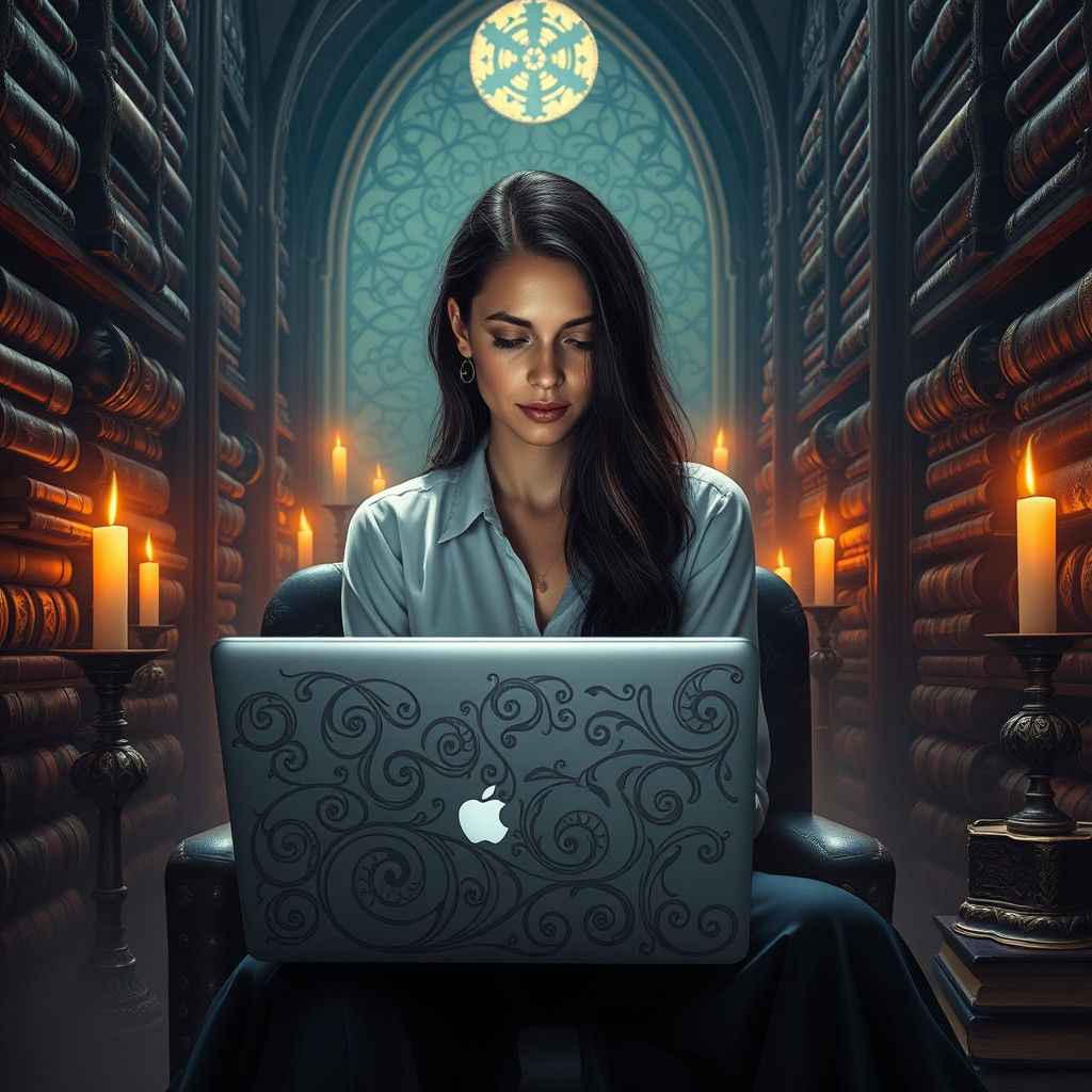 Mystical Accountant in Candlelit Library: Digital Matte Pain...