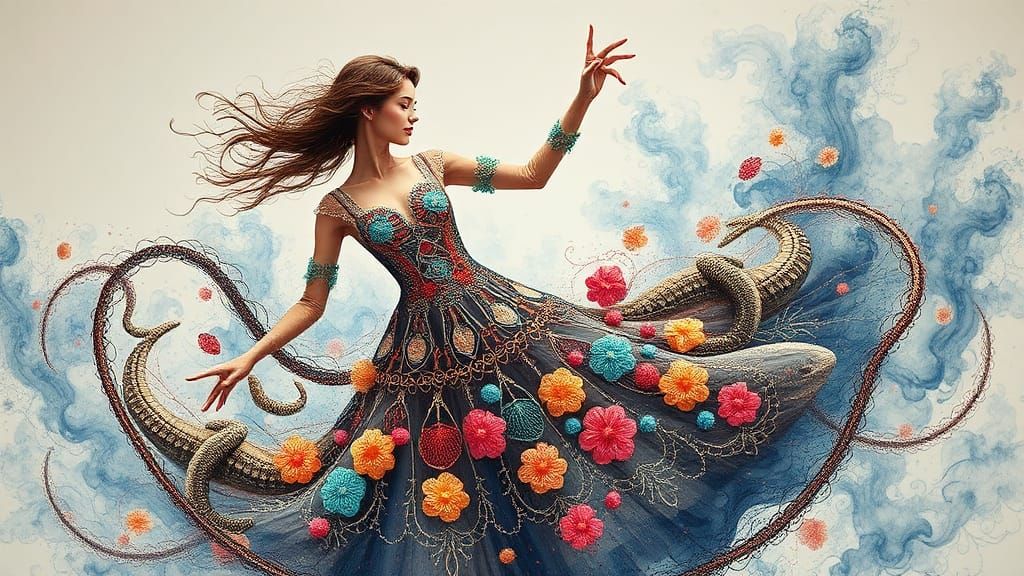 Woman Dancing in Embroidered Lizard Dress