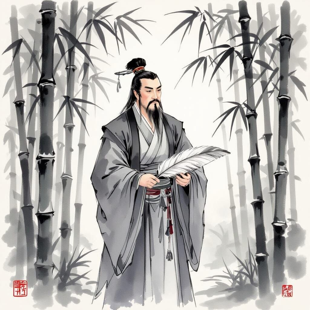 Zhuge Liang in Bamboo Forest Ink Wash Painting