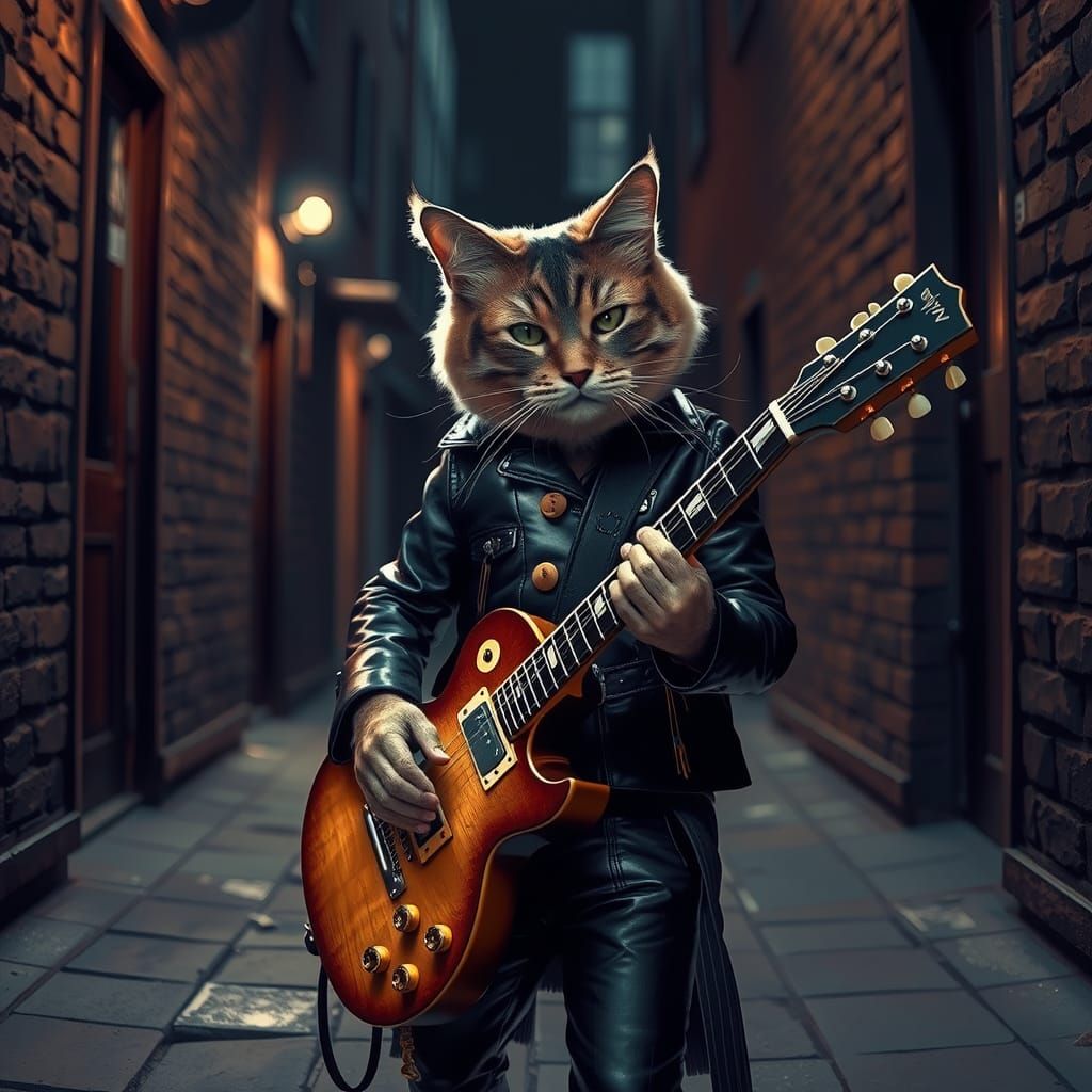 Cat Plays Guitar in Dark Alley