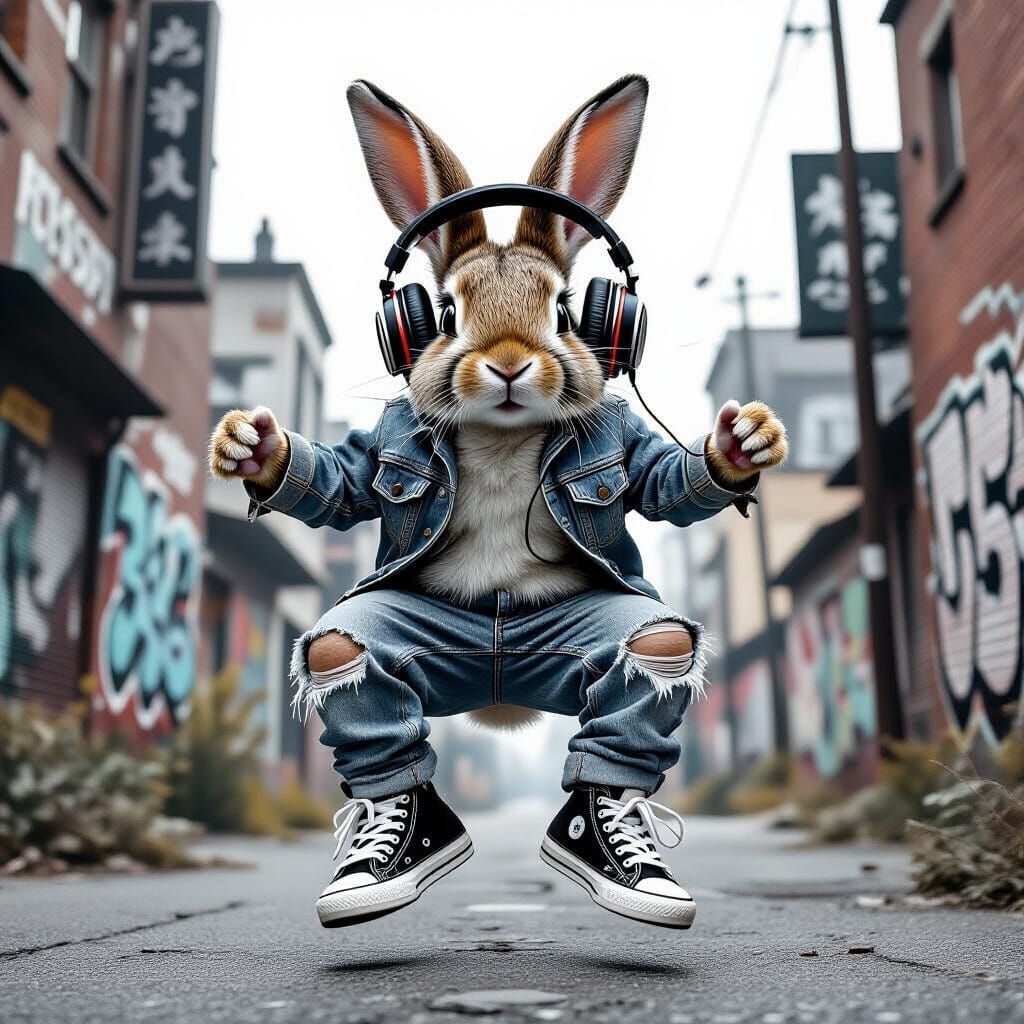 Urban Rabbit with Headphones in B&W Style