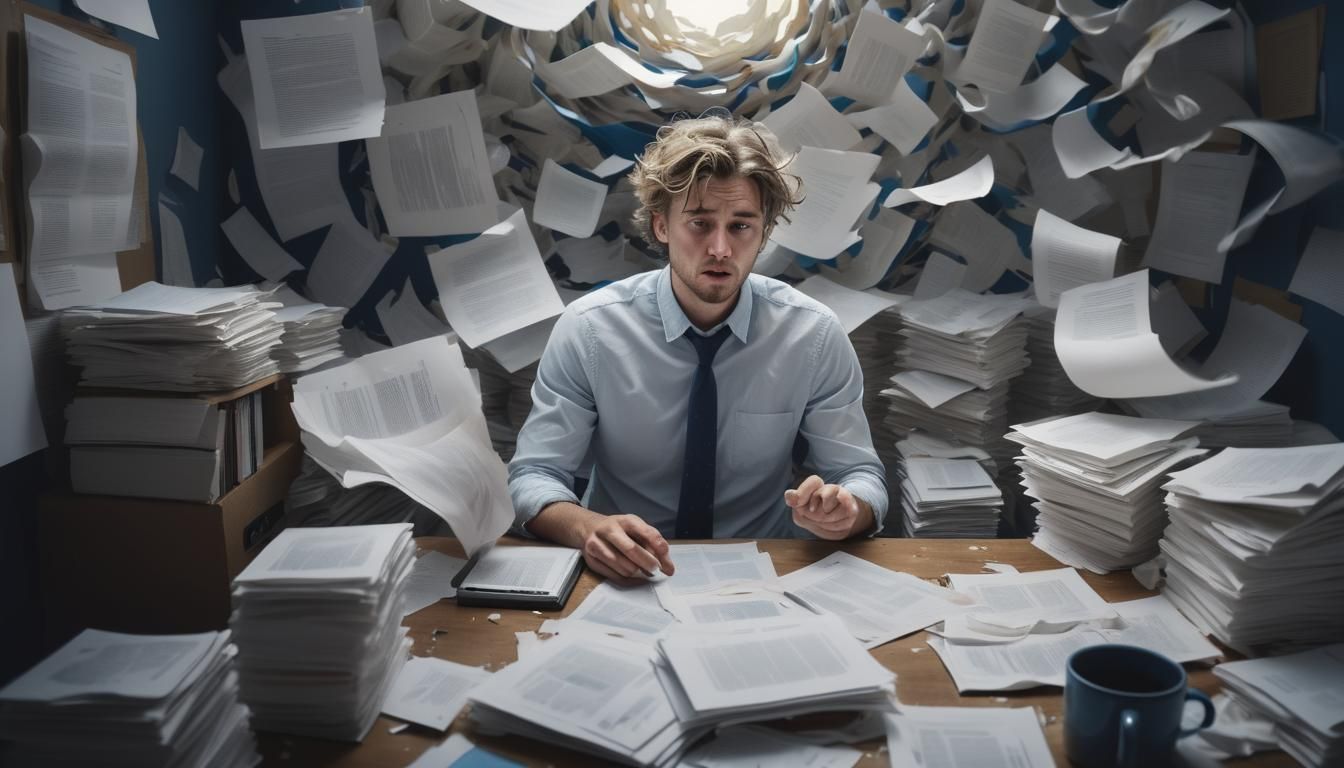 Distressed Businessman Trapped in Vortex of Documents