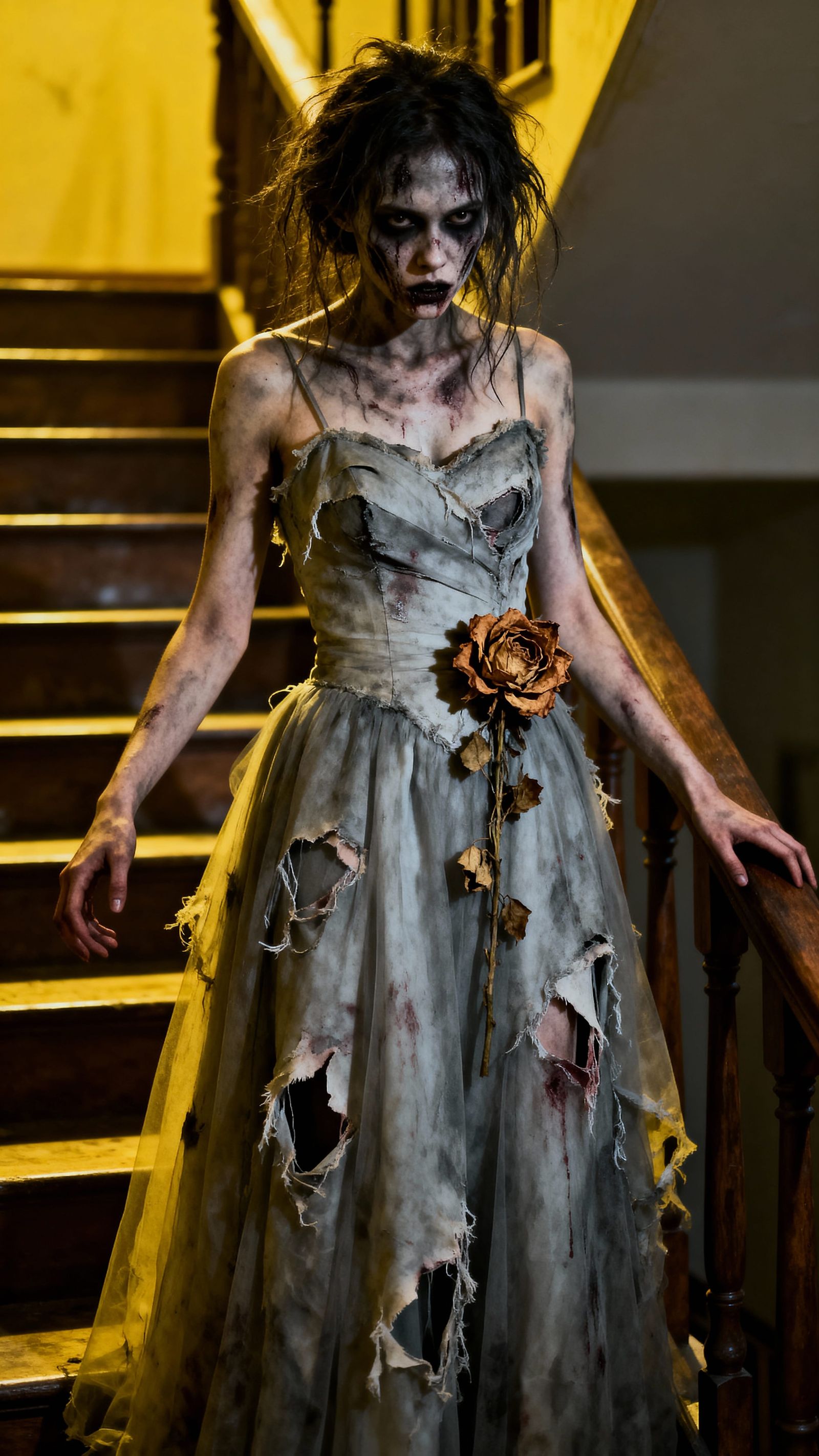 Zombie Prom Queen Poses by Stairs in Torn Dress