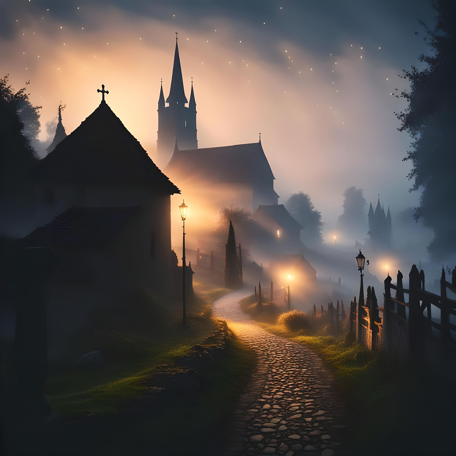 Mysterious Foggy Village at Night