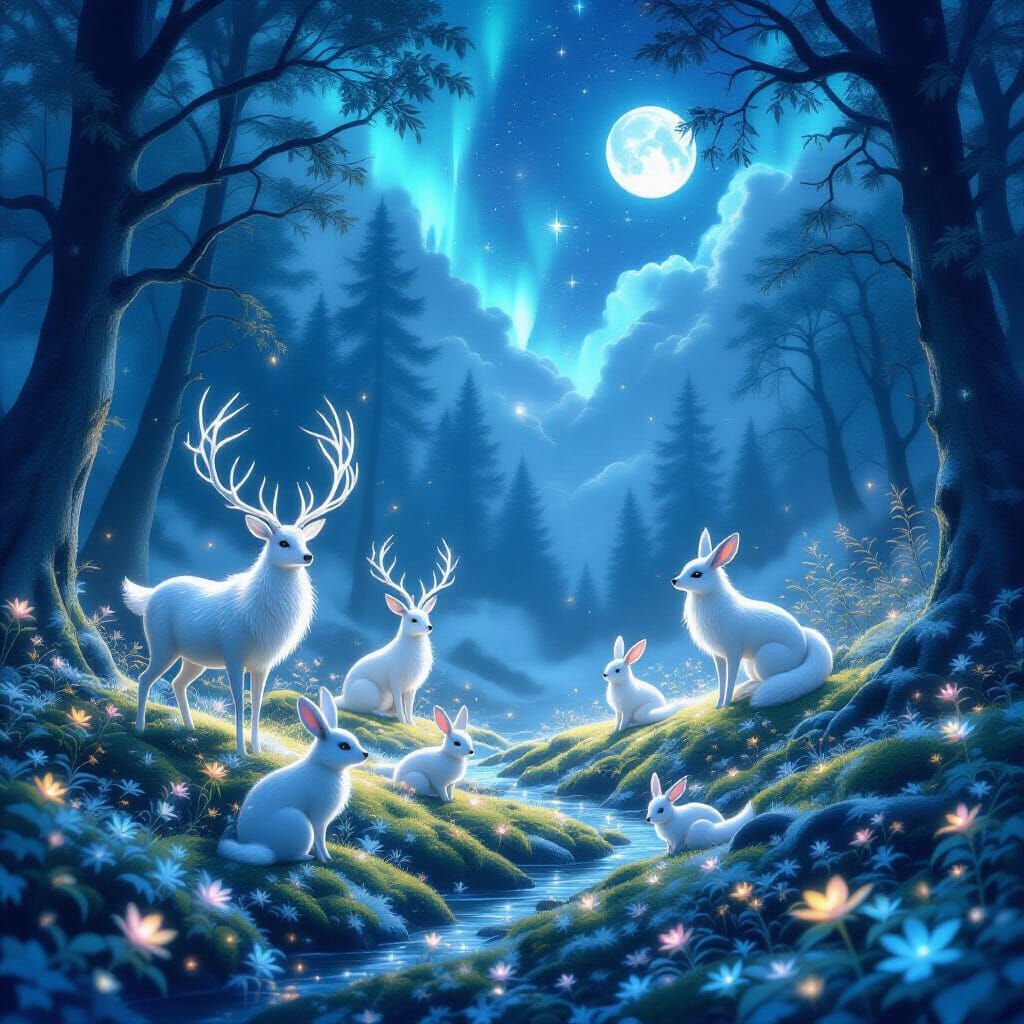 Moonlit Animals Roam Mystical Glade Under Aurora Sky