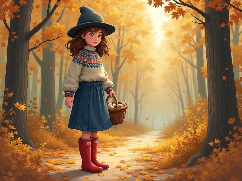 Autumn Forest Girl with Red Boots and Mushroom Basket