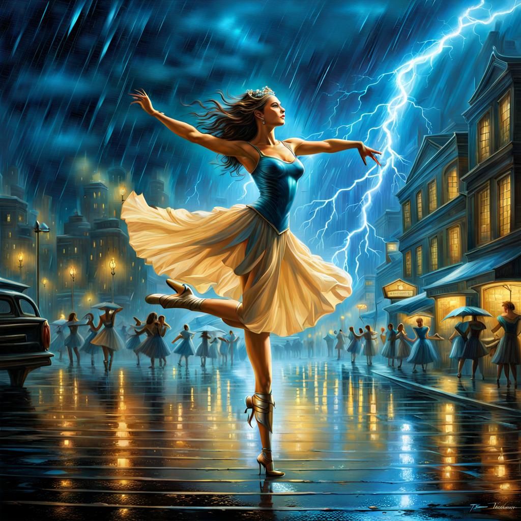 Woman Dancing in Rain with Blue Lightning