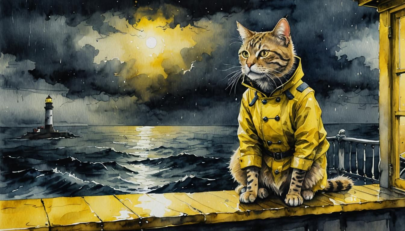 Feline Lighthouse Keeper in Stormy Watercolour