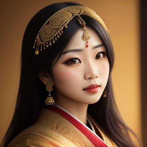 Asian Woman in Sari: Vibrant Oil Painting Portrait