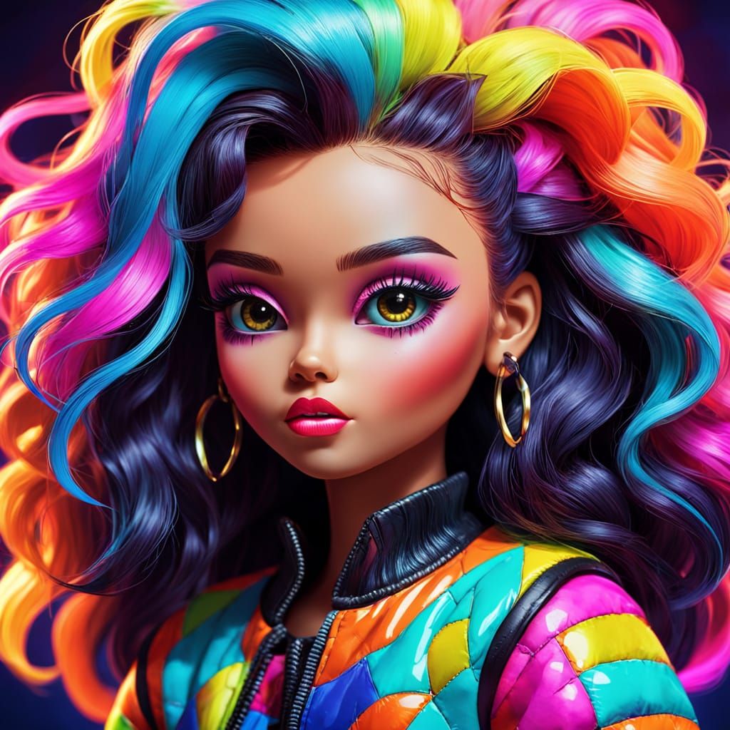 Retro Neon Bratz Doll in Pixel Art Style