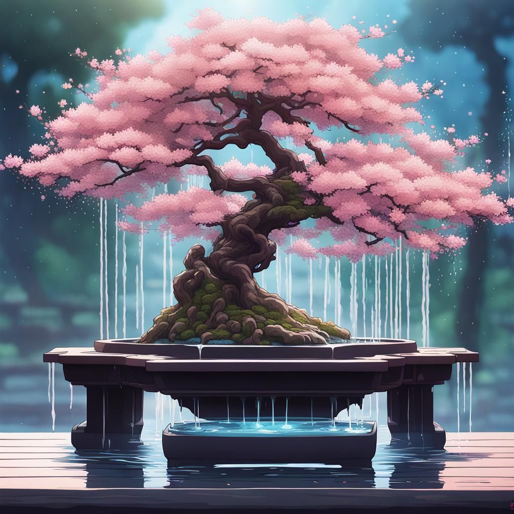 Cherry Blossom Bonsai Fountain in Anime Style