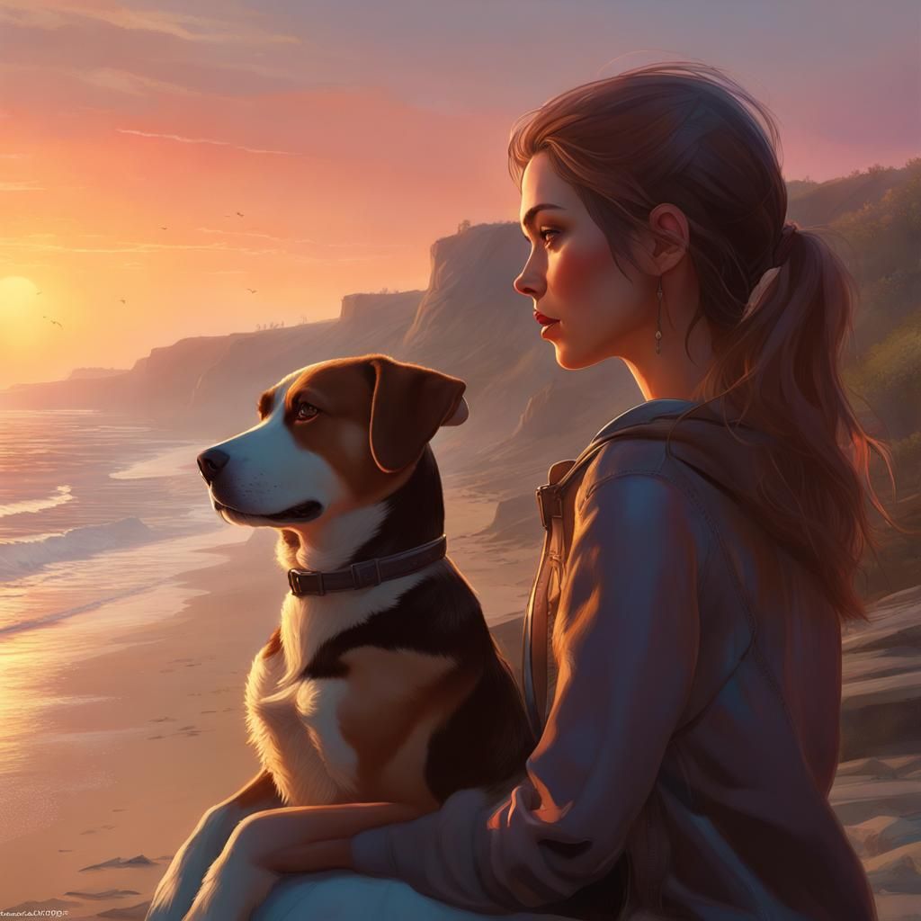 Girl and Dog Watch Sunset, Hyperdetailed Art