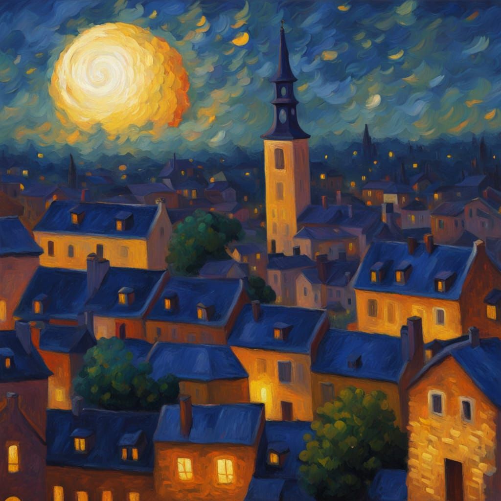 Moonlit Old Town in Neo-Impressionist Style