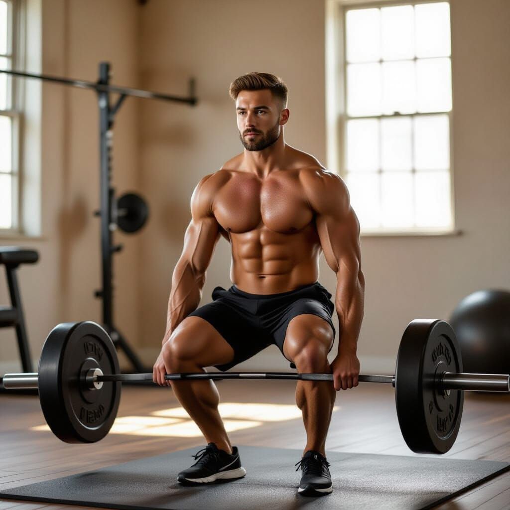 Shirtless Alpha Male Lifting Weights in Home Gym