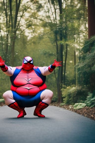 Sumo Wrestler as Spider-Man on Dirtbike