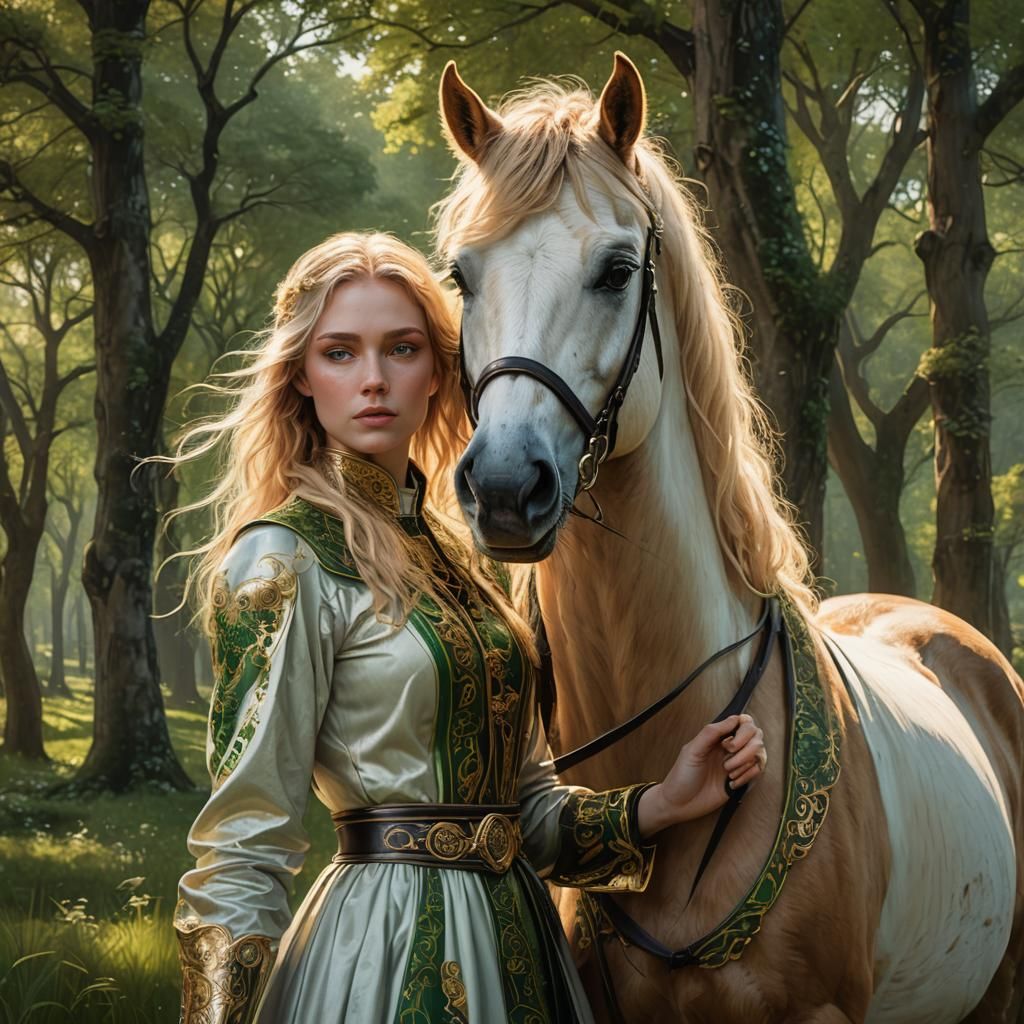 Girl with Pony in Irish Woodland, Art Nouveau