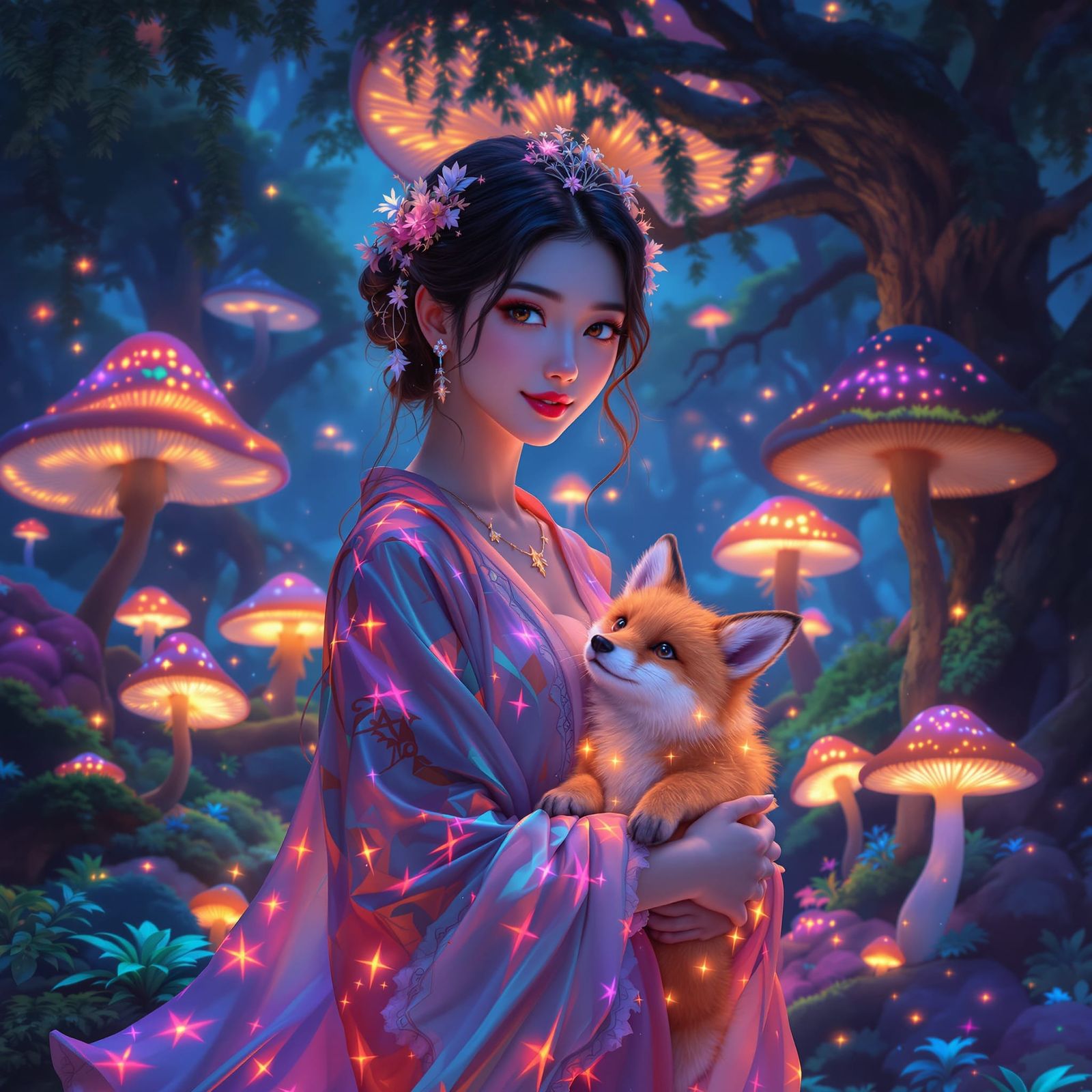 Ethereal Asian Woman Cradling Fox in Bioluminescent Forest